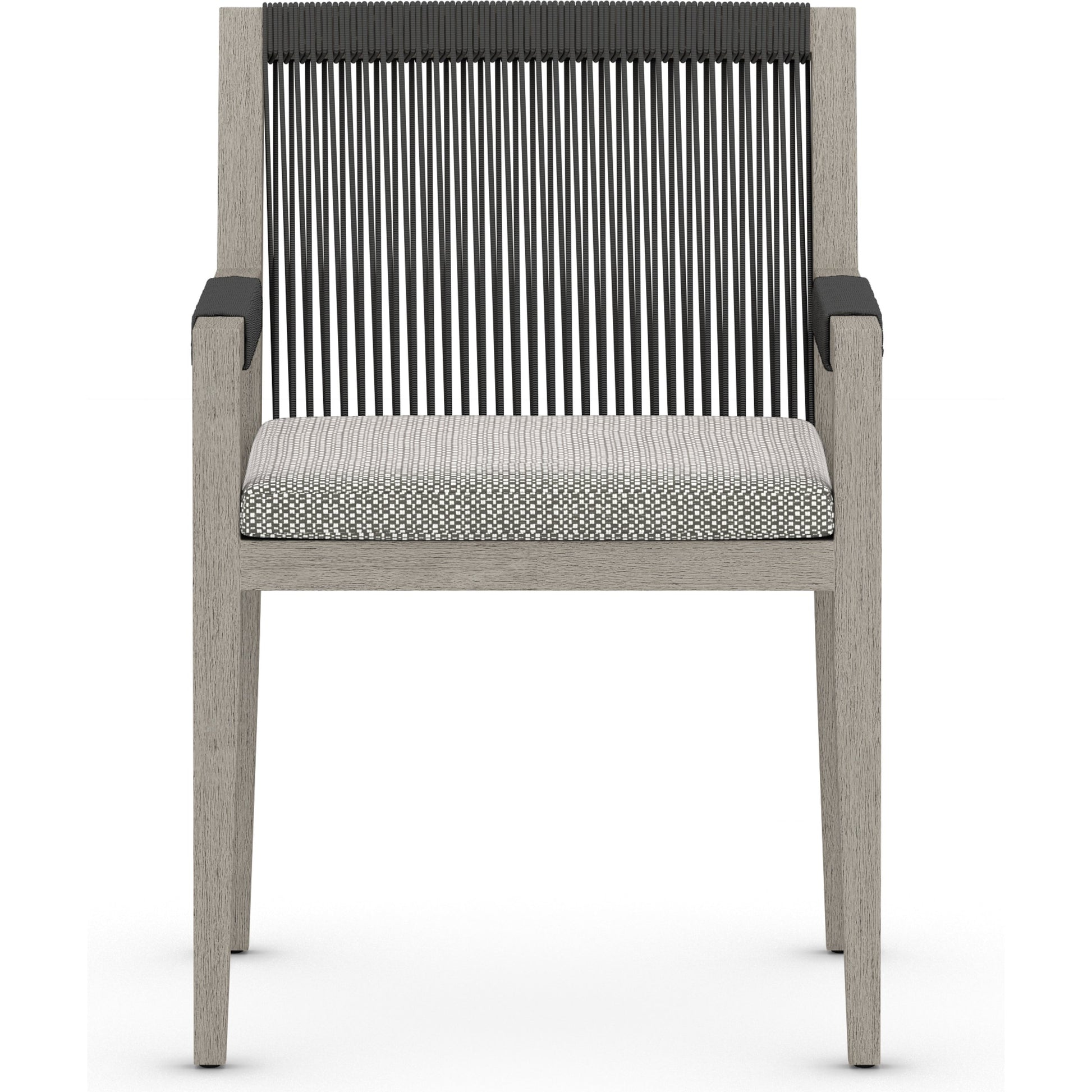 Sherwood Outdoor Dining Armchair, Weathered Grey by Four Hands. Made from 100% olefin, solid fsc®-certified teak, 100% polypropylene in a coastal style.