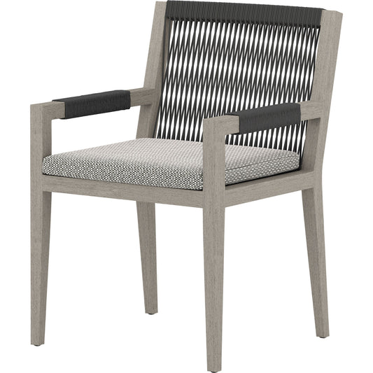 Sherwood Outdoor Dining Armchair, Weathered Grey by Four Hands. Made from 100% olefin, solid fsc®-certified teak, 100% polypropylene in a coastal style.