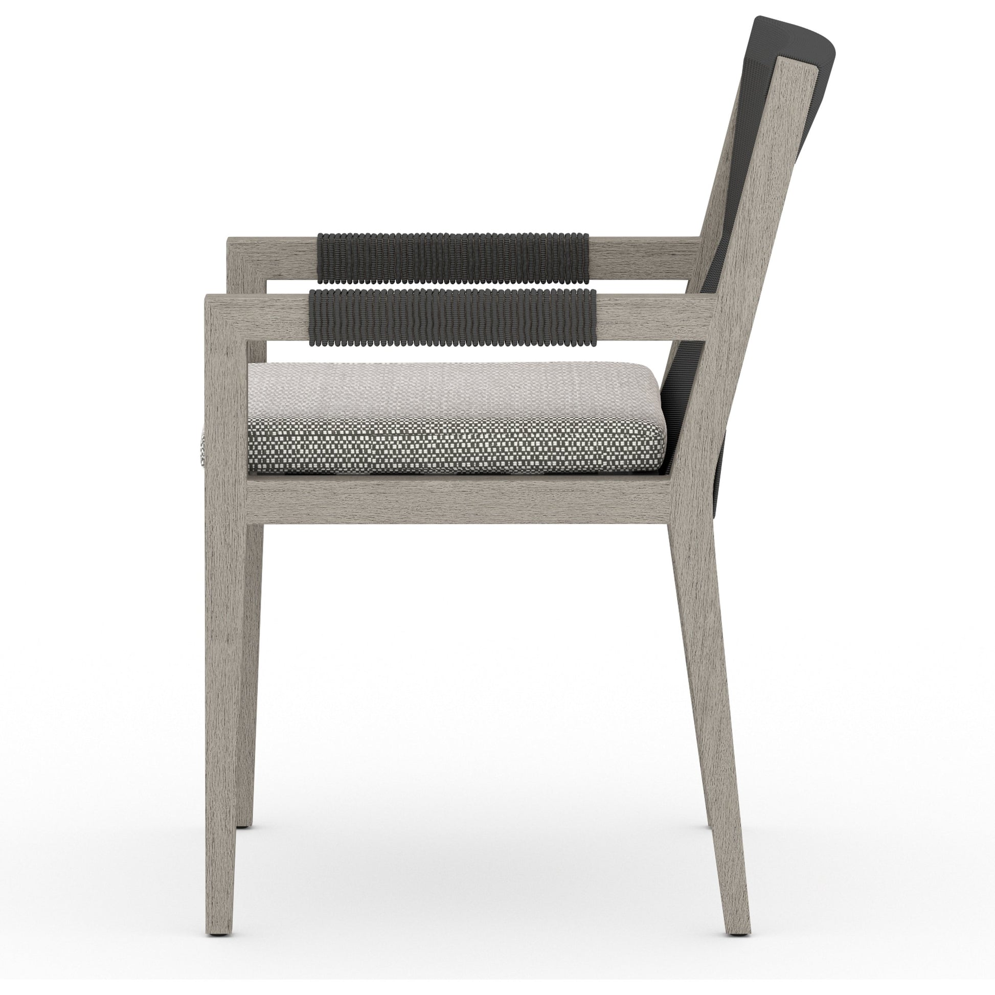 Sherwood Outdoor Dining Armchair, Weathered Grey by Four Hands. Made from 100% olefin, solid fsc®-certified teak, 100% polypropylene in a coastal style.