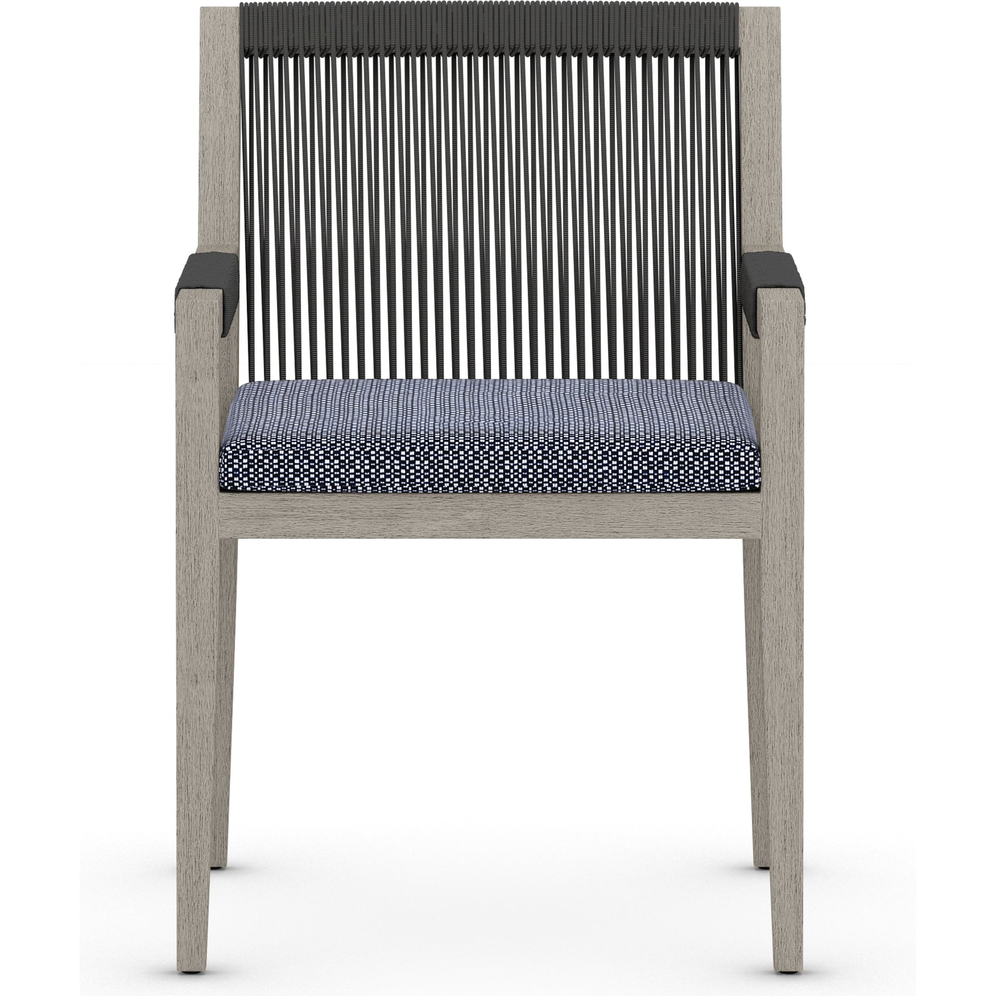 Sherwood Outdoor Dining Armchair, Weathered Grey by Four Hands. Made from 100% olefin, solid fsc®-certified teak, 100% polypropylene in a coastal style.