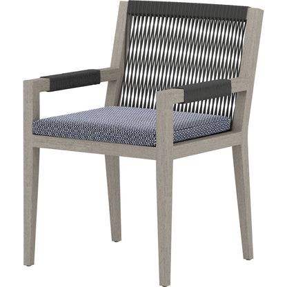 Sherwood Outdoor Dining Armchair, Weathered Grey by Four Hands. Made from 100% olefin, solid fsc®-certified teak, 100% polypropylene in a coastal style.