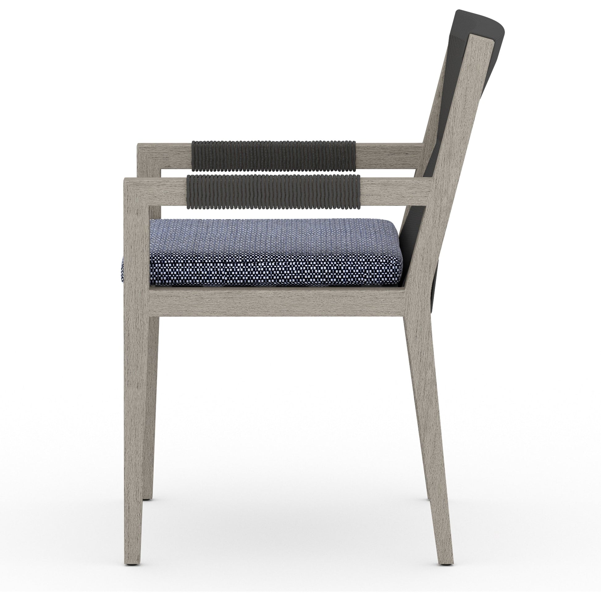 Sherwood Outdoor Dining Armchair, Weathered Grey by Four Hands. Made from 100% olefin, solid fsc®-certified teak, 100% polypropylene in a coastal style.
