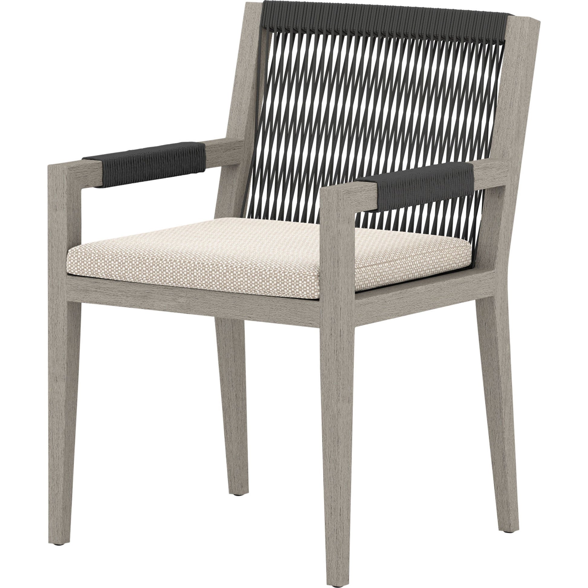Sherwood Outdoor Dining Armchair, Weathered Grey by Four Hands. Made from 100% olefin, solid fsc®-certified teak, 100% polypropylene in a coastal style.