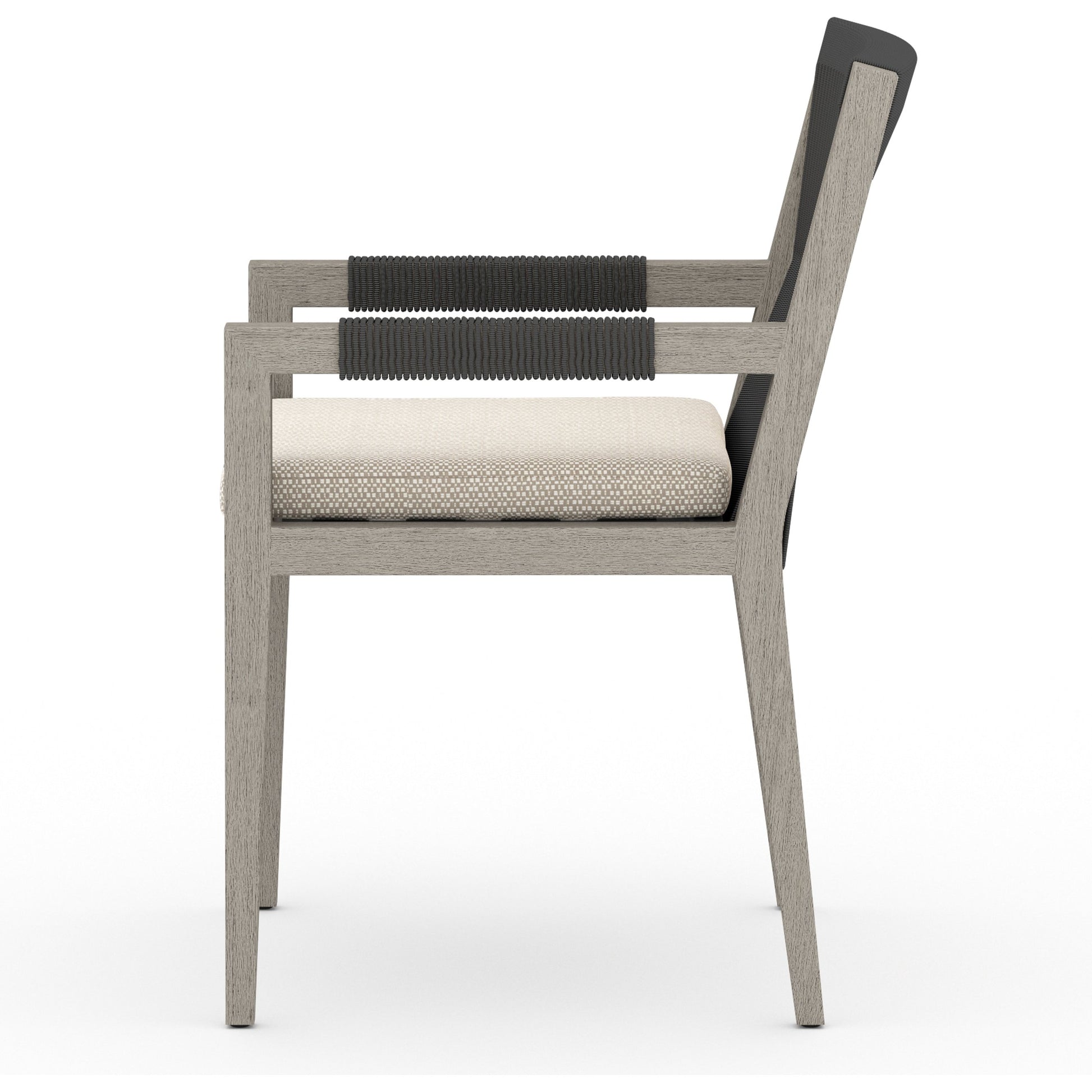 Sherwood Outdoor Dining Armchair, Weathered Grey by Four Hands. Made from 100% olefin, solid fsc®-certified teak, 100% polypropylene in a coastal style.