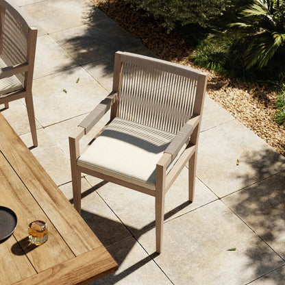 Sherwood Dining Armchair, Washed Brown by Four Hands. Made from 100% olefin, solid fsc®-certified teak, 100% polypropylene in a cottage & farmhouse style.