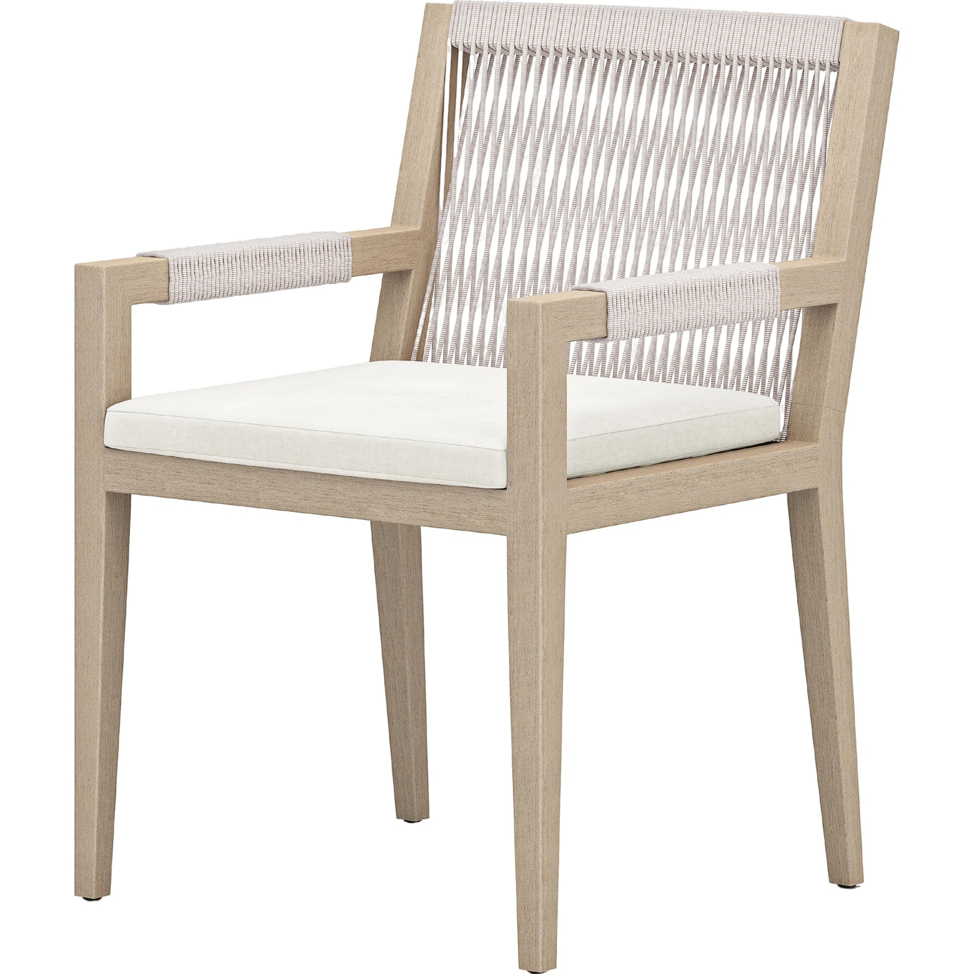 Sherwood Dining Armchair, Washed Brown by Four Hands. Made from 100% olefin, solid fsc®-certified teak, 100% polypropylene in a cottage & farmhouse style.