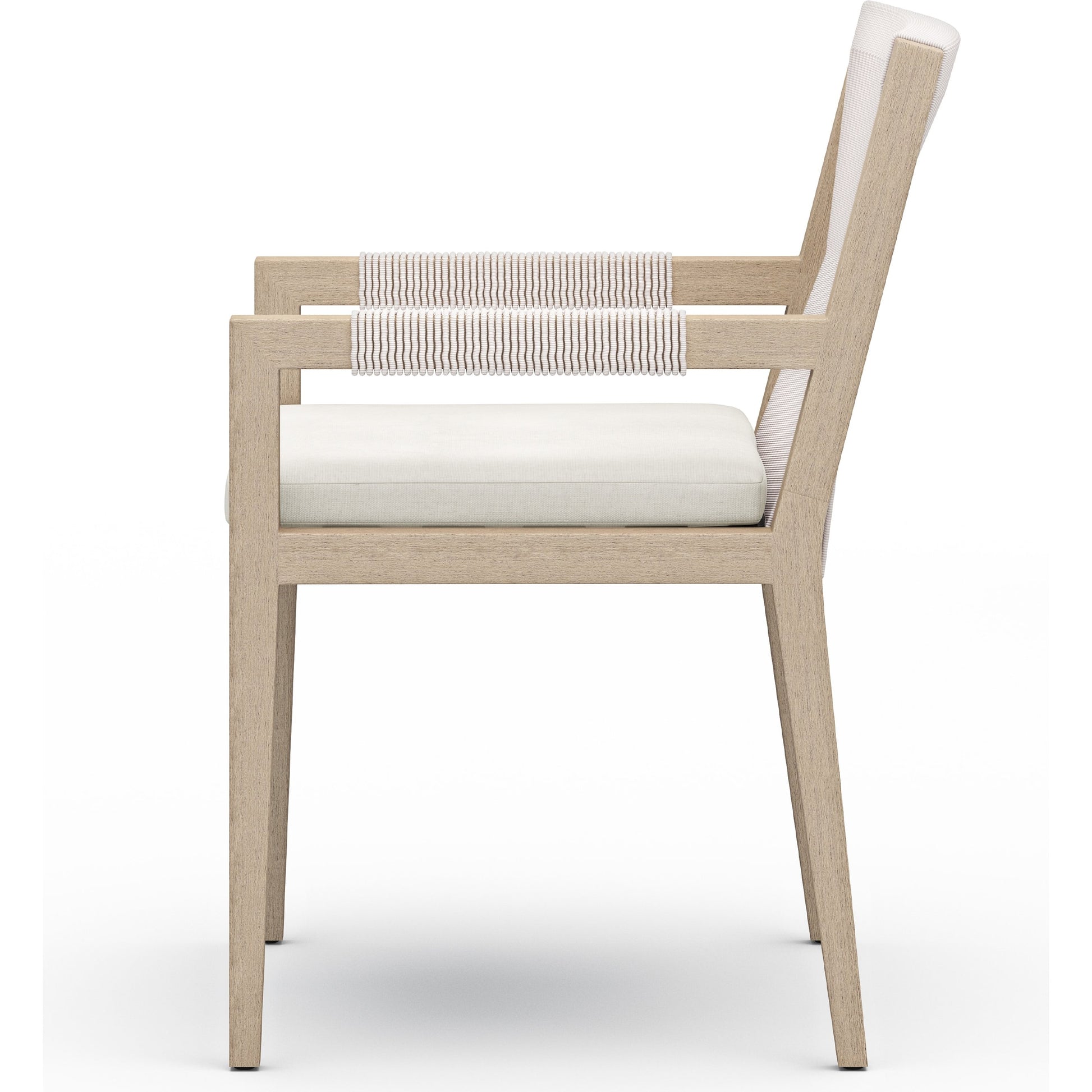 Sherwood Dining Armchair, Washed Brown by Four Hands. Made from 100% olefin, solid fsc®-certified teak, 100% polypropylene in a cottage & farmhouse style.