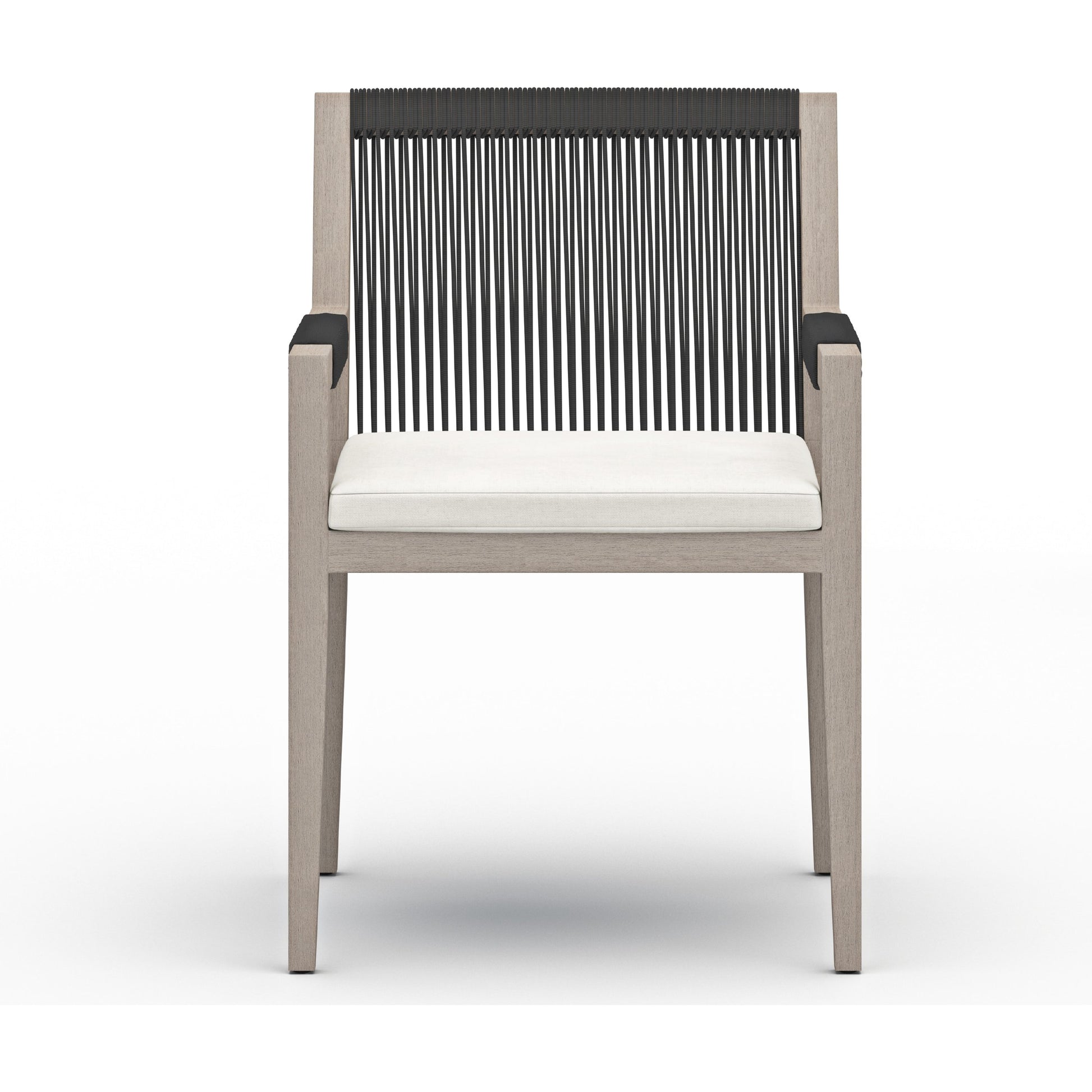 Sherwood Outdoor Dining Armchair, Weathered Grey by Four Hands. Made from 100% olefin, solid fsc®-certified teak, 100% polypropylene in a coastal style.