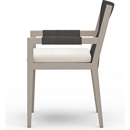 Sherwood Outdoor Dining Armchair, Weathered Grey by Four Hands. Made from 100% olefin, solid fsc®-certified teak, 100% polypropylene in a coastal style.