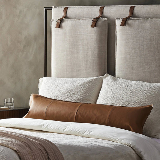 Sandro Lumbar Pillow by Four Hands in whiskey saddle. Made from top grain leather, 100% cotton, down alternative fiber in a unique style.