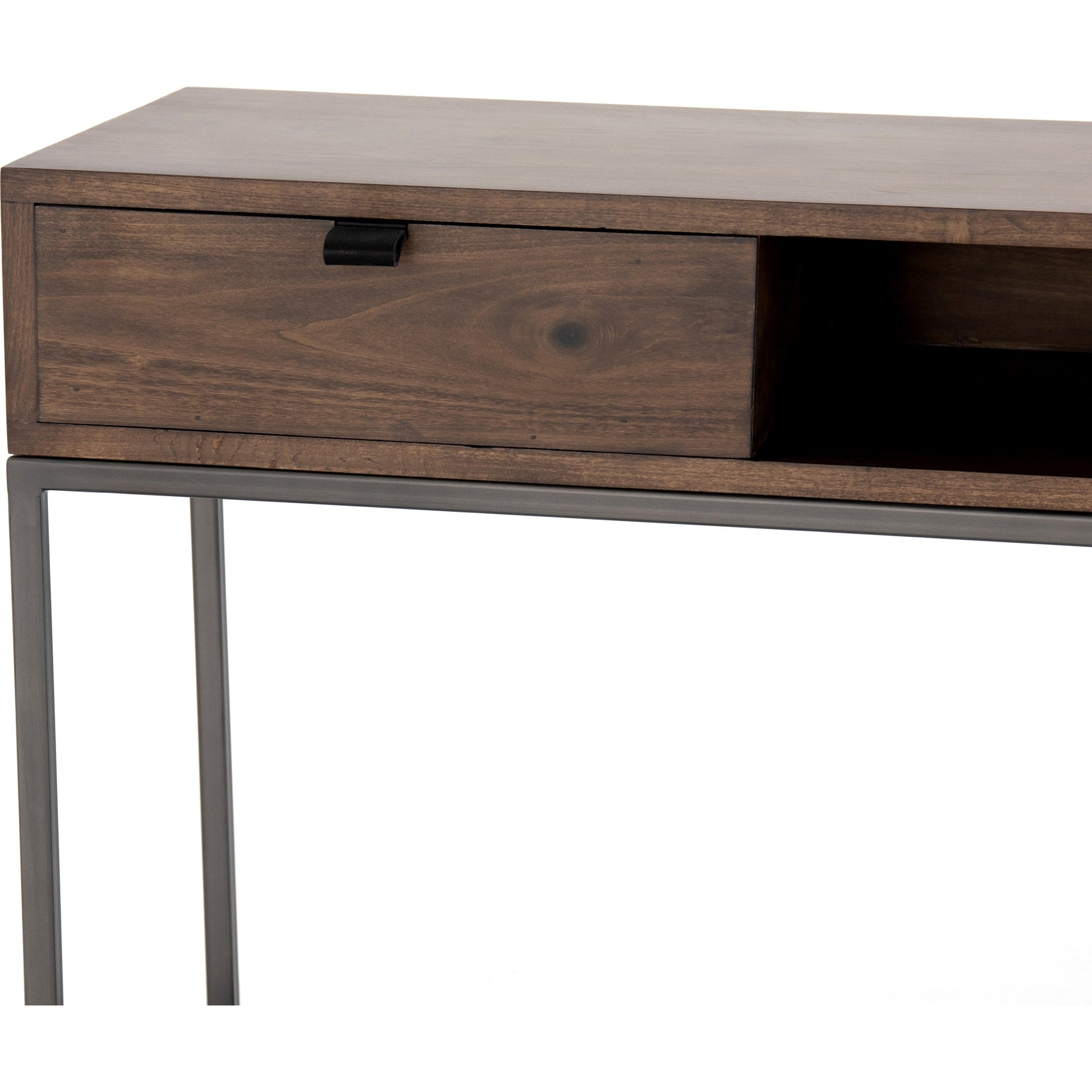 Trey Console Table by Four Hands. Made from solid poplar, top grain leather, iron in a rustic style.