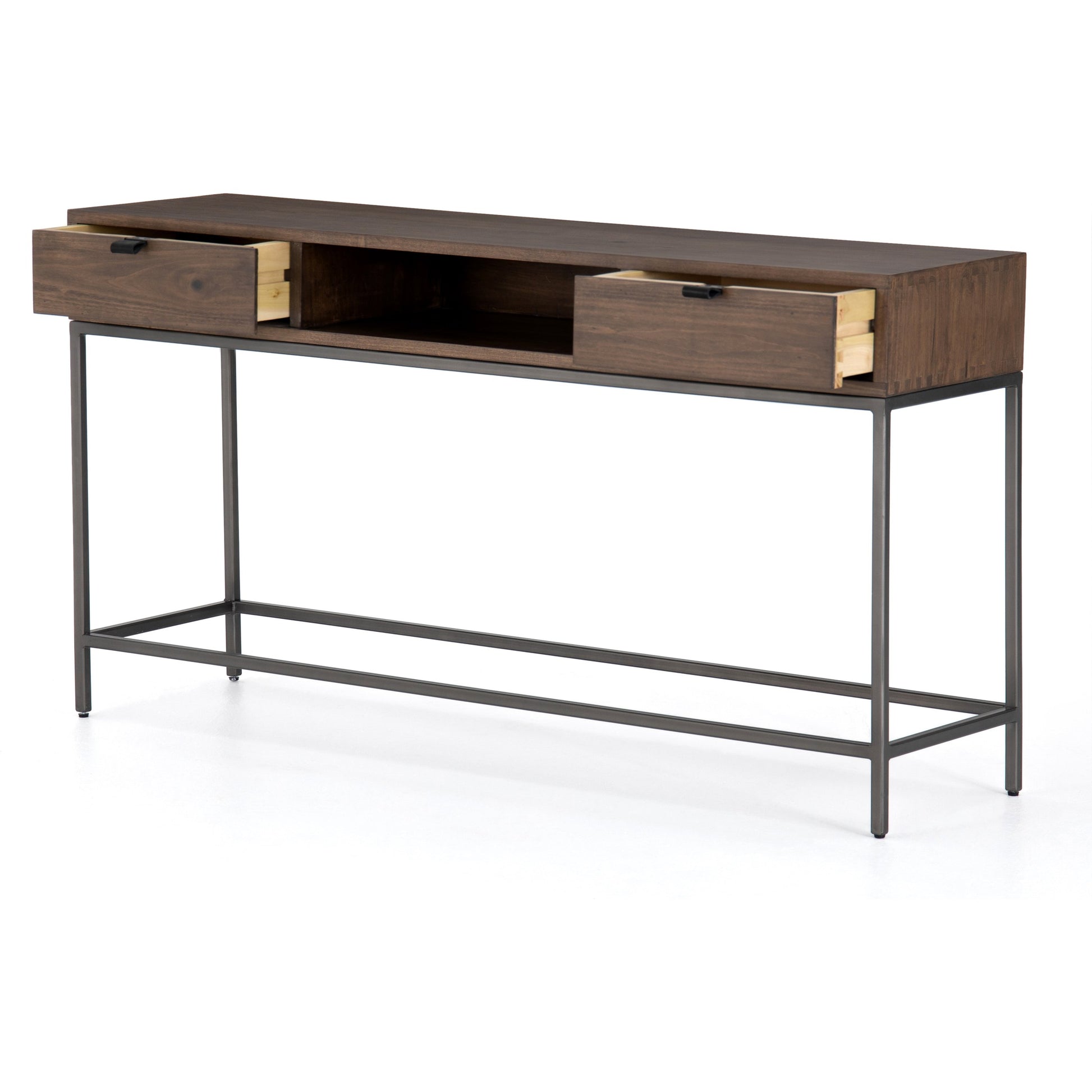 Trey Console Table by Four Hands. Made from solid poplar, top grain leather, iron in a rustic style.