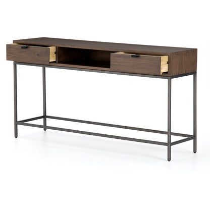 Trey Console Table by Four Hands. Made from solid poplar, top grain leather, iron in a rustic style.