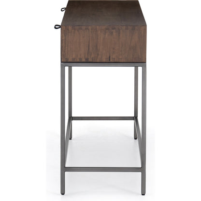 Trey Console Table by Four Hands. Made from solid poplar, top grain leather, iron in a rustic style.