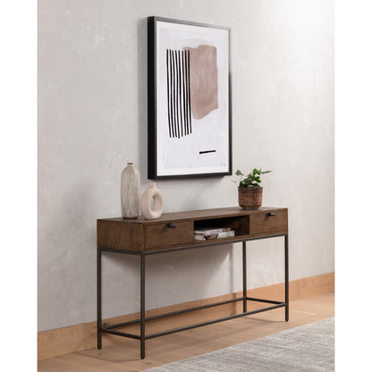Trey Console Table by Four Hands. Made from solid poplar, top grain leather, iron in a rustic style.
