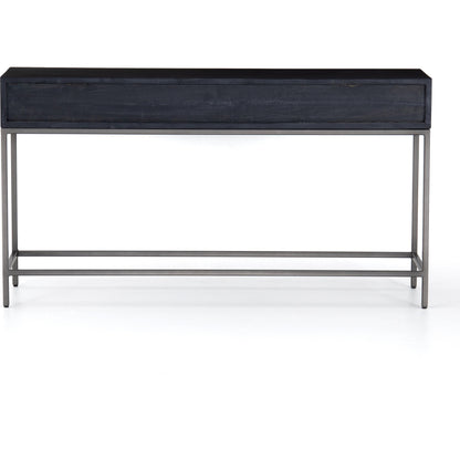Trey Console Table by Four Hands. Made from solid poplar, top grain leather, iron in a rustic style.