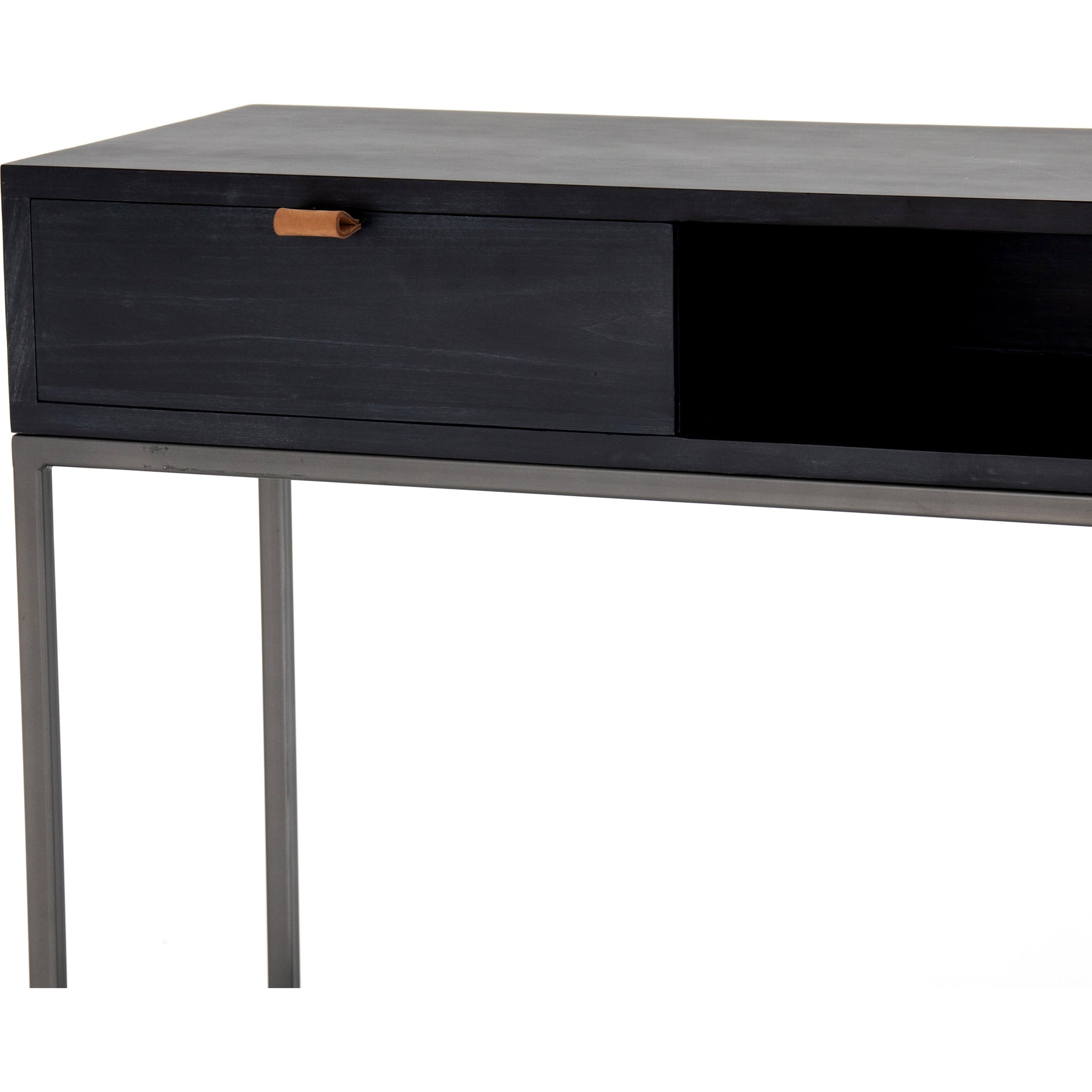 Trey Console Table by Four Hands. Made from solid poplar, top grain leather, iron in a rustic style.