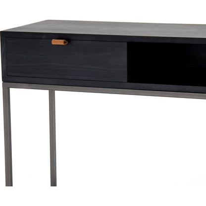Trey Console Table by Four Hands. Made from solid poplar, top grain leather, iron in a rustic style.