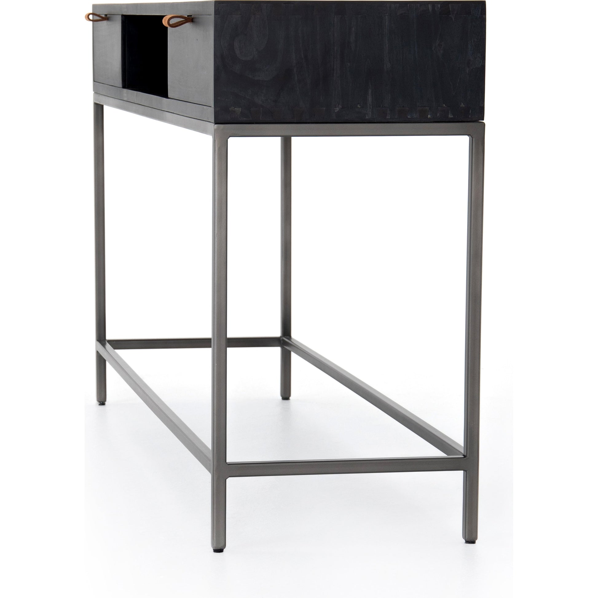 Trey Console Table by Four Hands. Made from solid poplar, top grain leather, iron in a rustic style.
