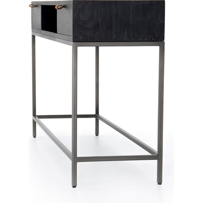 Trey Console Table by Four Hands. Made from solid poplar, top grain leather, iron in a rustic style.