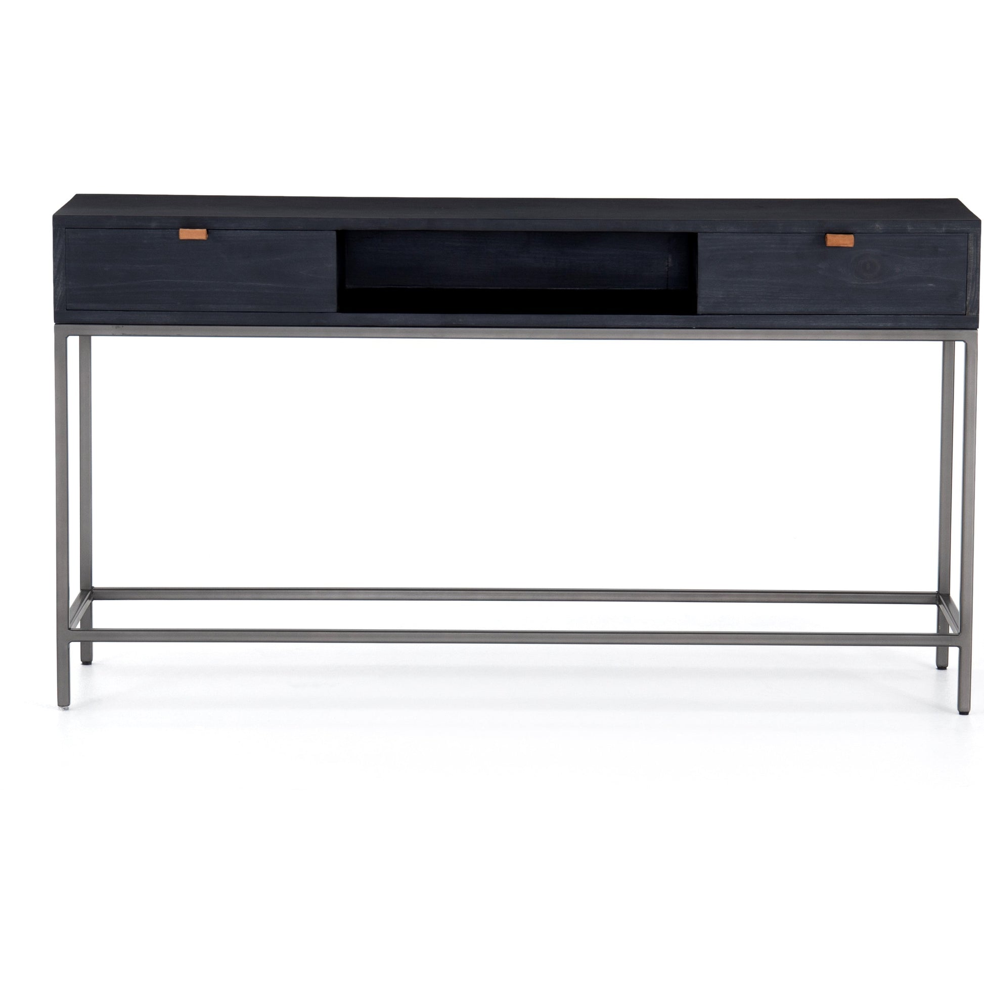 Trey Console Table by Four Hands. Made from solid poplar, top grain leather, iron in a rustic style.