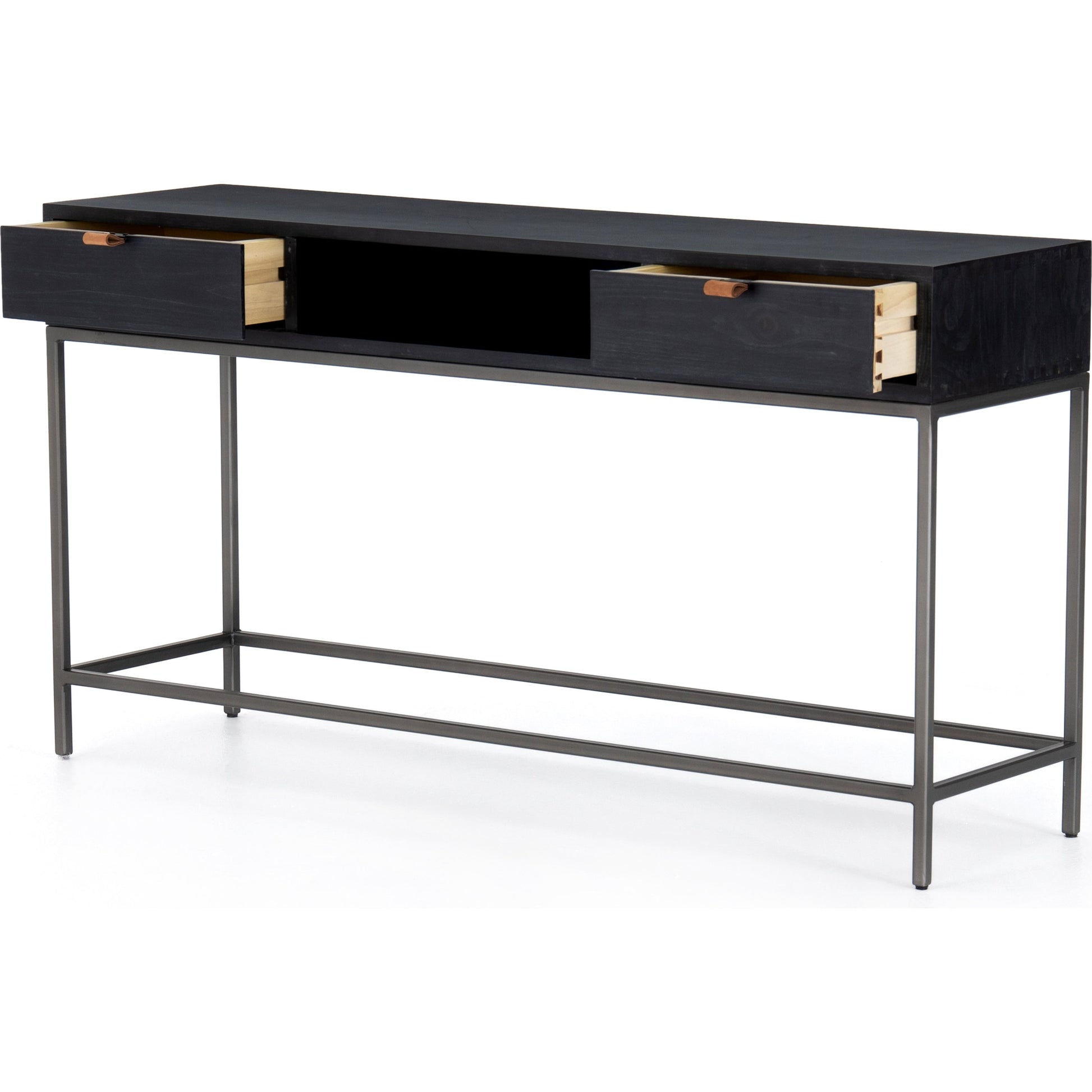 Trey Console Table by Four Hands. Made from solid poplar, top grain leather, iron in a rustic style.