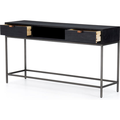 Trey Console Table by Four Hands. Made from solid poplar, top grain leather, iron in a rustic style.