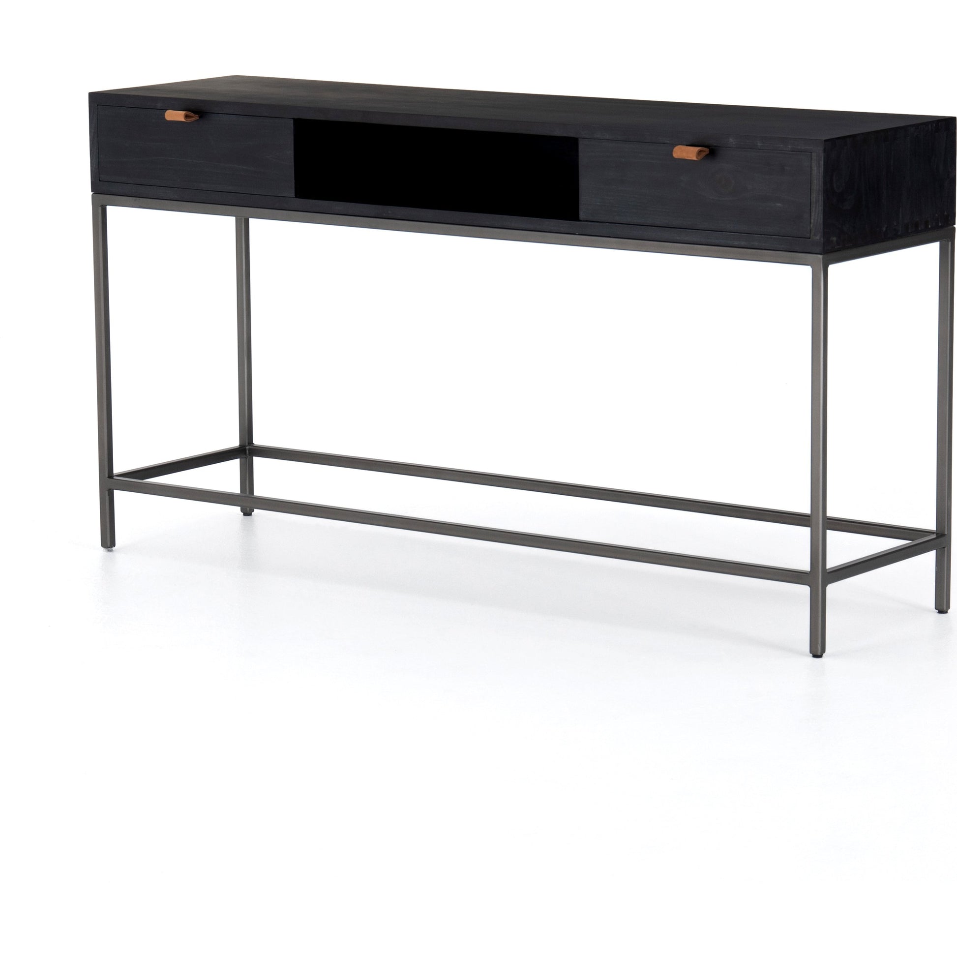 Trey Console Table by Four Hands. Made from solid poplar, top grain leather, iron in a rustic style.
