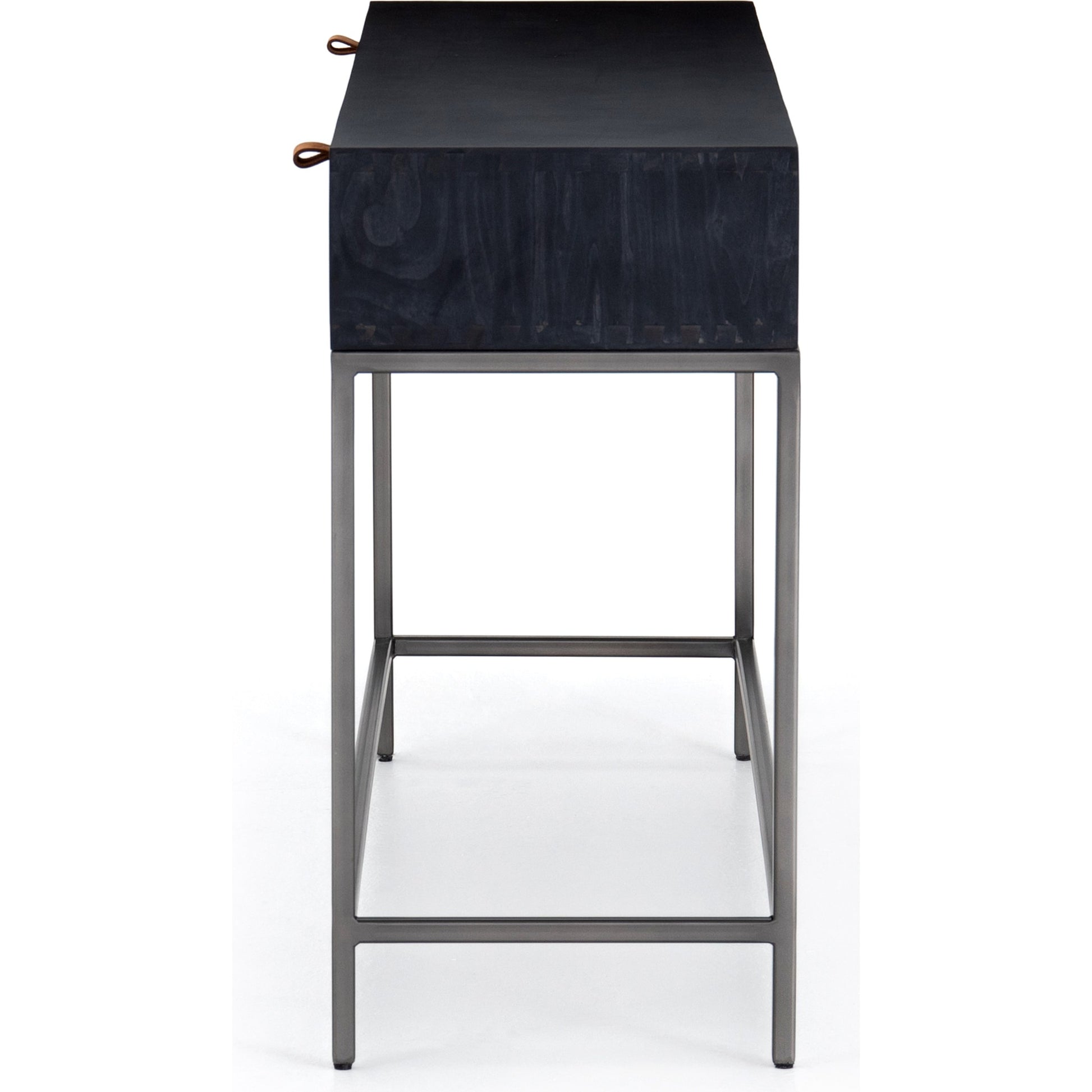 Trey Console Table by Four Hands. Made from solid poplar, top grain leather, iron in a rustic style.