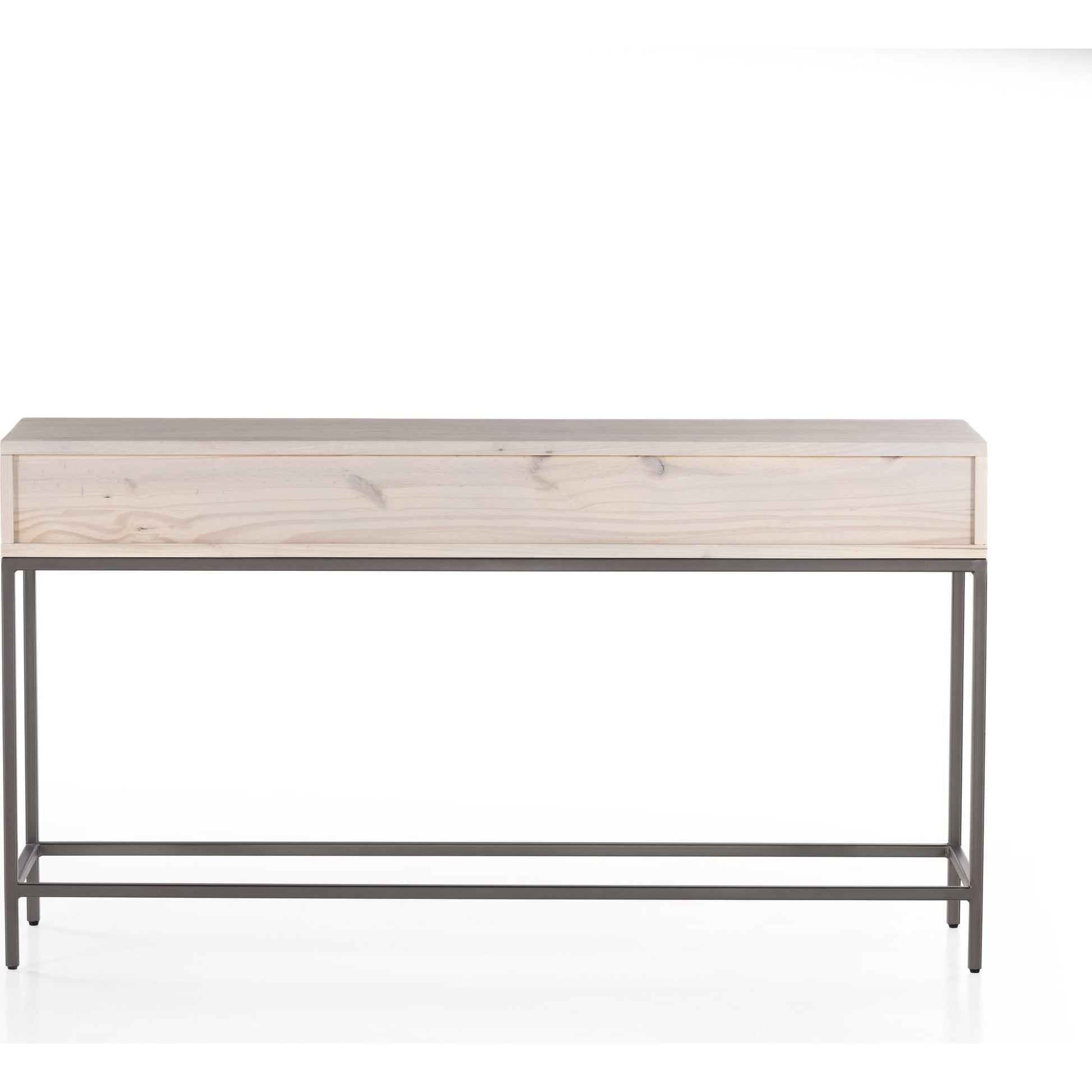 Trey Console Table by Four Hands. Made from solid poplar, top grain leather, iron in a rustic style.