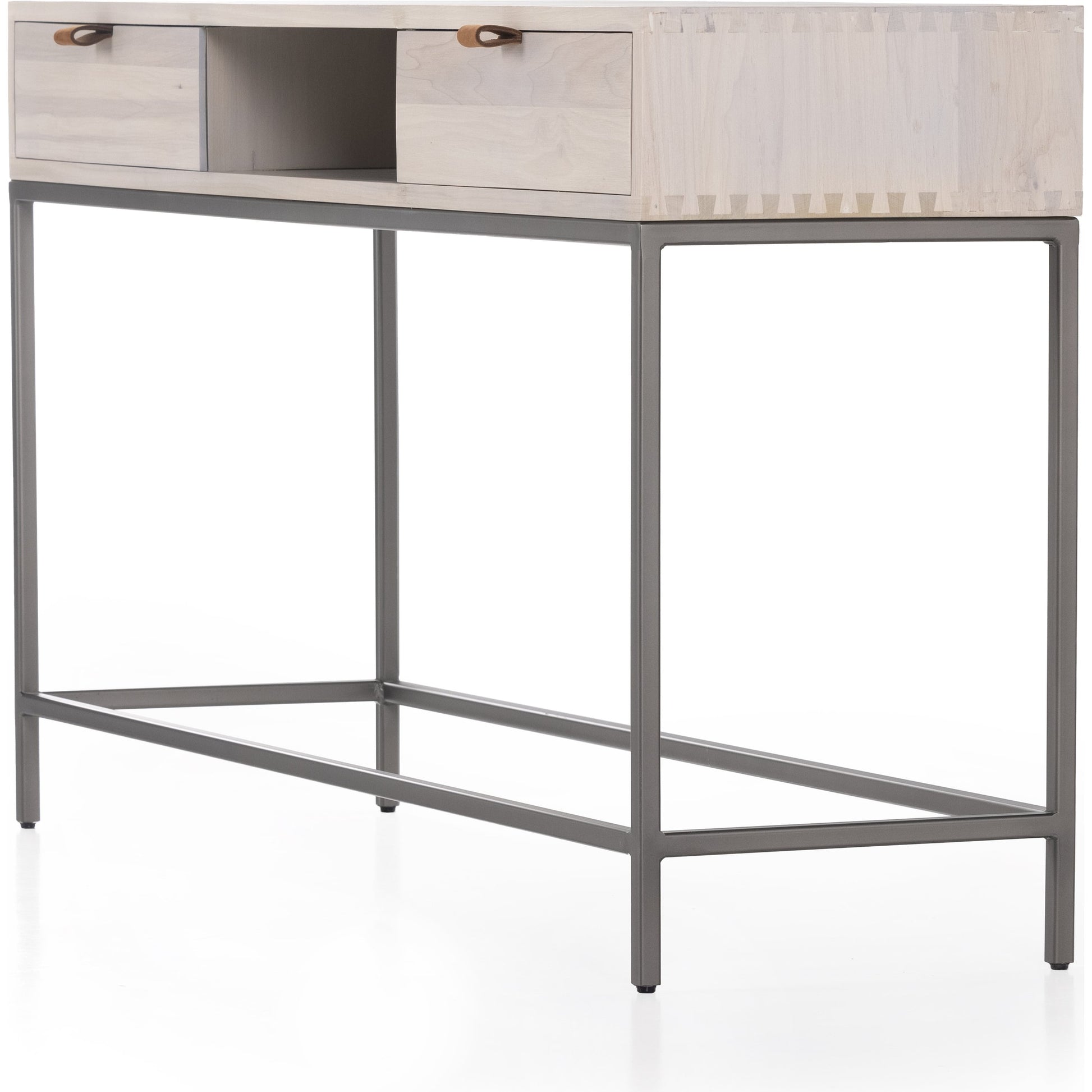 Trey Console Table by Four Hands. Made from solid poplar, top grain leather, iron in a rustic style.