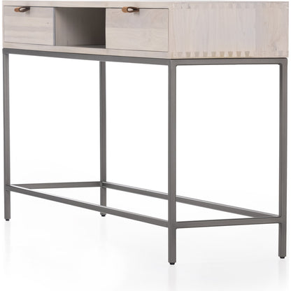 Trey Console Table by Four Hands. Made from solid poplar, top grain leather, iron in a rustic style.
