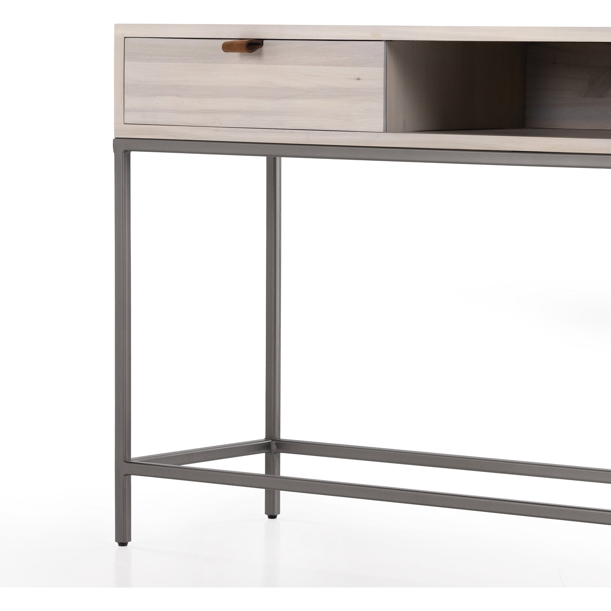 Trey Console Table by Four Hands. Made from solid poplar, top grain leather, iron in a rustic style.