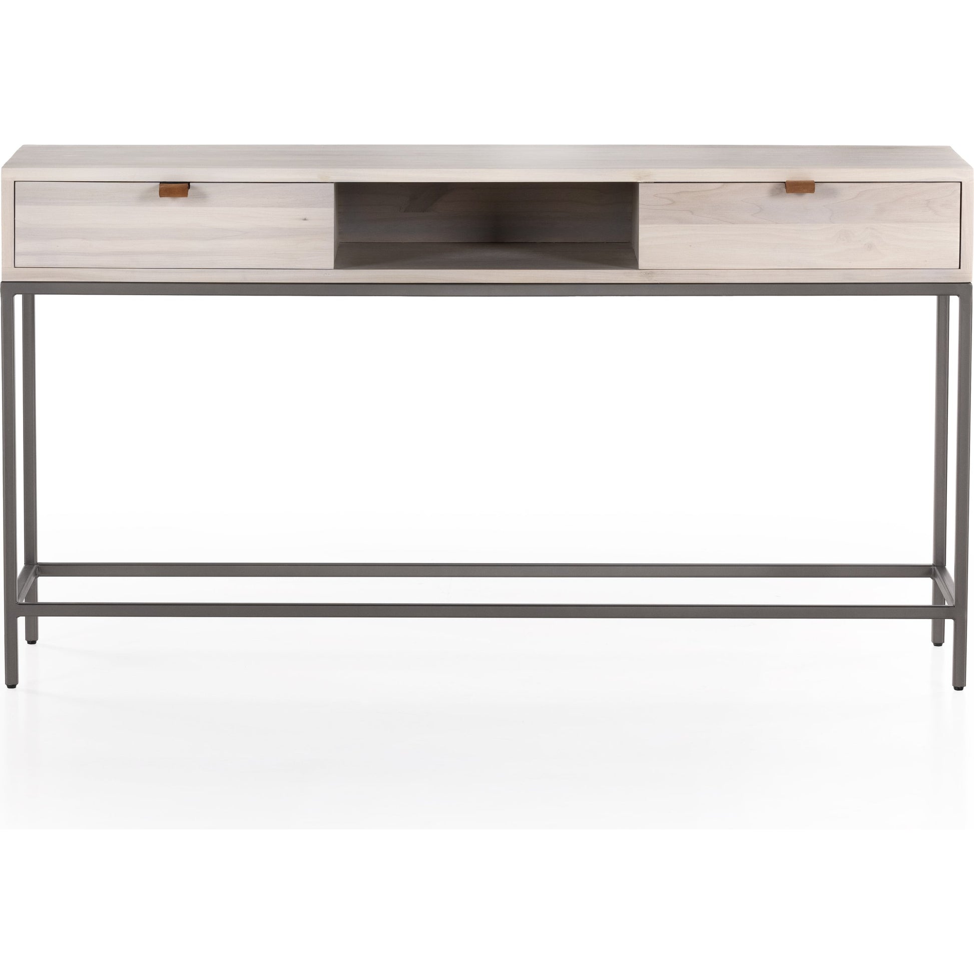 Trey Console Table by Four Hands. Made from solid poplar, top grain leather, iron in a rustic style.