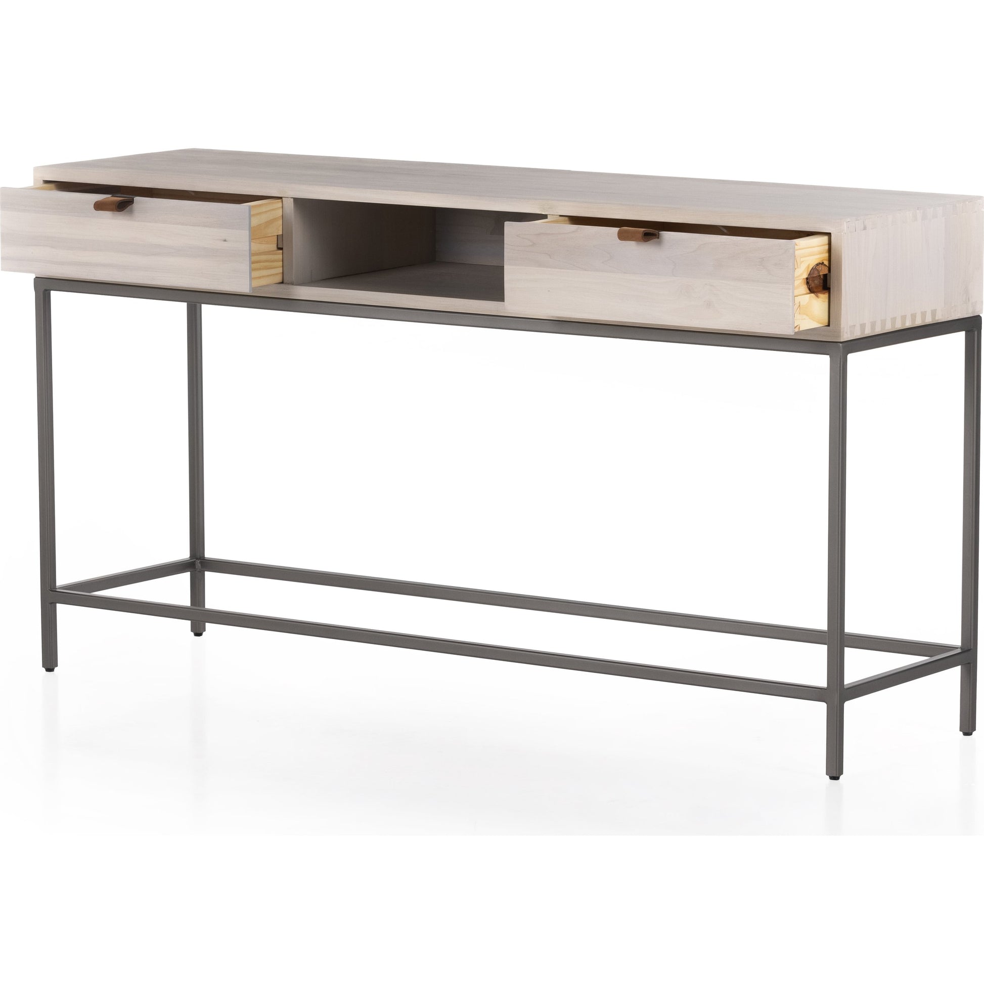 Trey Console Table by Four Hands. Made from solid poplar, top grain leather, iron in a rustic style.