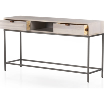 Trey Console Table by Four Hands. Made from solid poplar, top grain leather, iron in a rustic style.