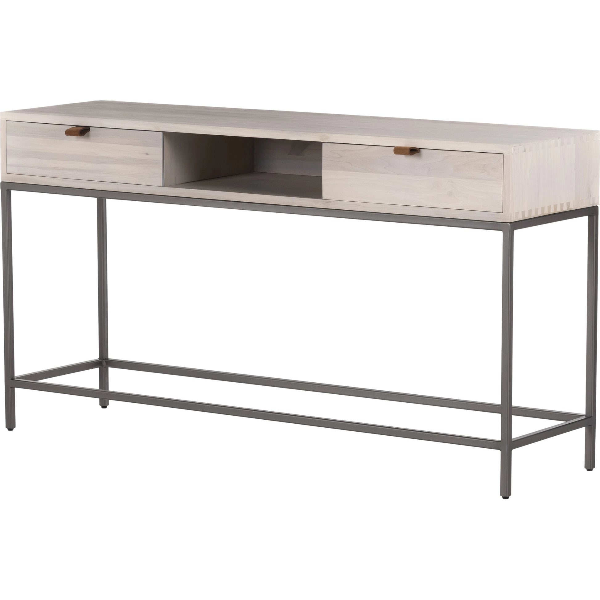 Trey Console Table by Four Hands. Made from solid poplar, top grain leather, iron in a rustic style.