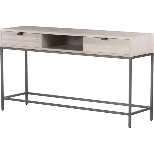 Trey Console Table by Four Hands. Made from solid poplar, top grain leather, iron in a rustic style.