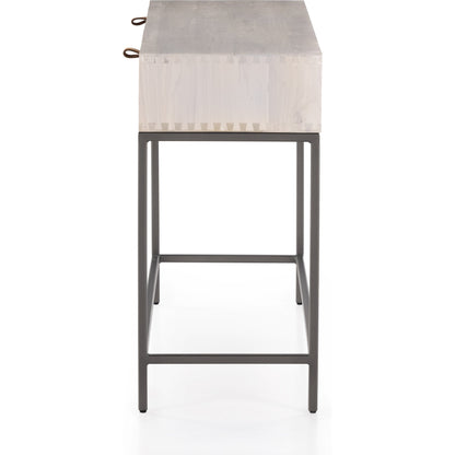Trey Console Table by Four Hands. Made from solid poplar, top grain leather, iron in a rustic style.