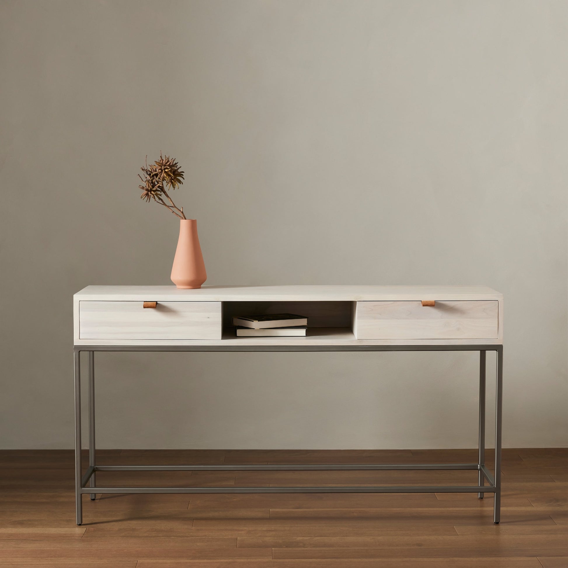 Trey Console Table by Four Hands. Made from solid poplar, top grain leather, iron in a rustic style.