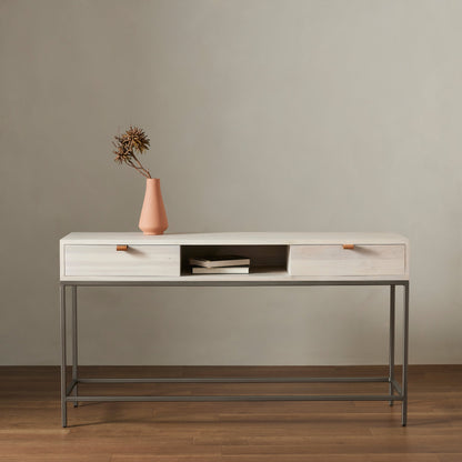 Trey Console Table by Four Hands. Made from solid poplar, top grain leather, iron in a rustic style.