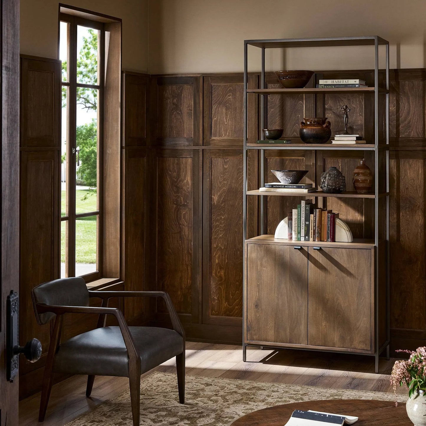 042 SI-1717047 | Lifestyle | Trey Modular Wide Bookcase by Four Hands. Made from solid poplar, top grain leather, iron in a modern style.