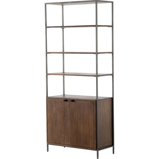 Trey Modular Wide Bookcase by Four Hands. Made from solid poplar, top grain leather, iron in a modern style.