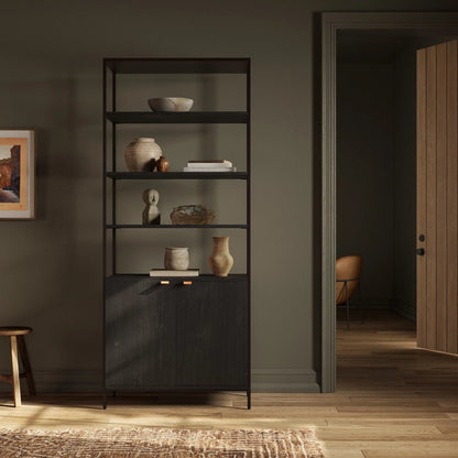 Trey Modular Wide Bookcase by Four Hands. Made from solid poplar, top grain leather, iron in a modern style.