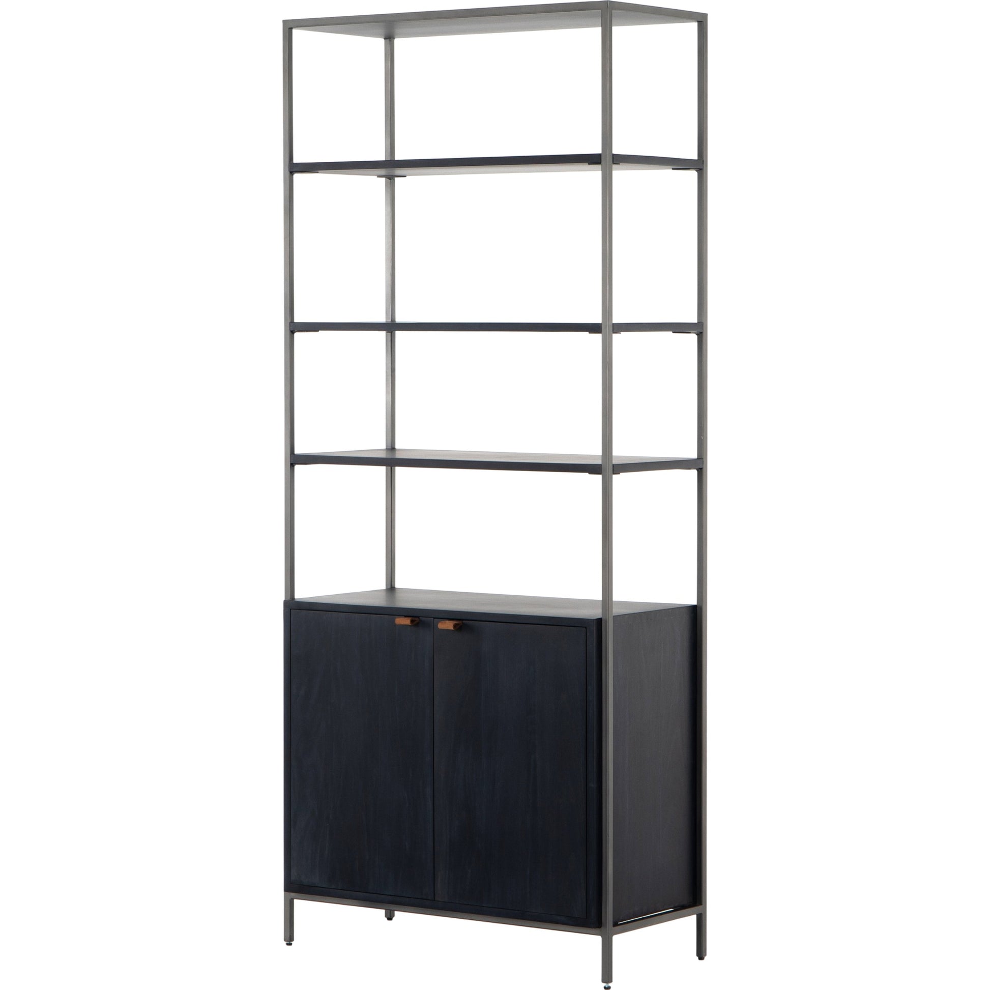 Trey Modular Wide Bookcase by Four Hands. Made from solid poplar, top grain leather, iron in a modern style.