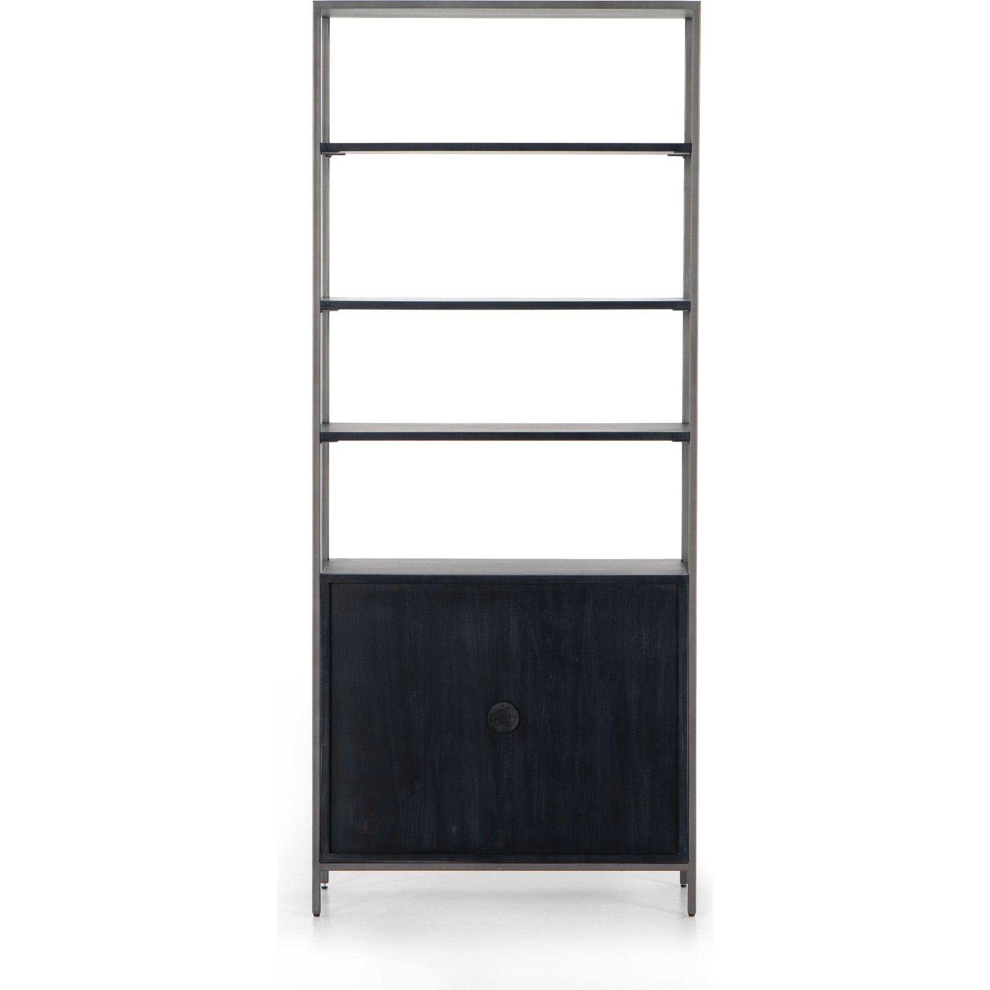 Trey Modular Wide Bookcase by Four Hands. Made from solid poplar, top grain leather, iron in a modern style.