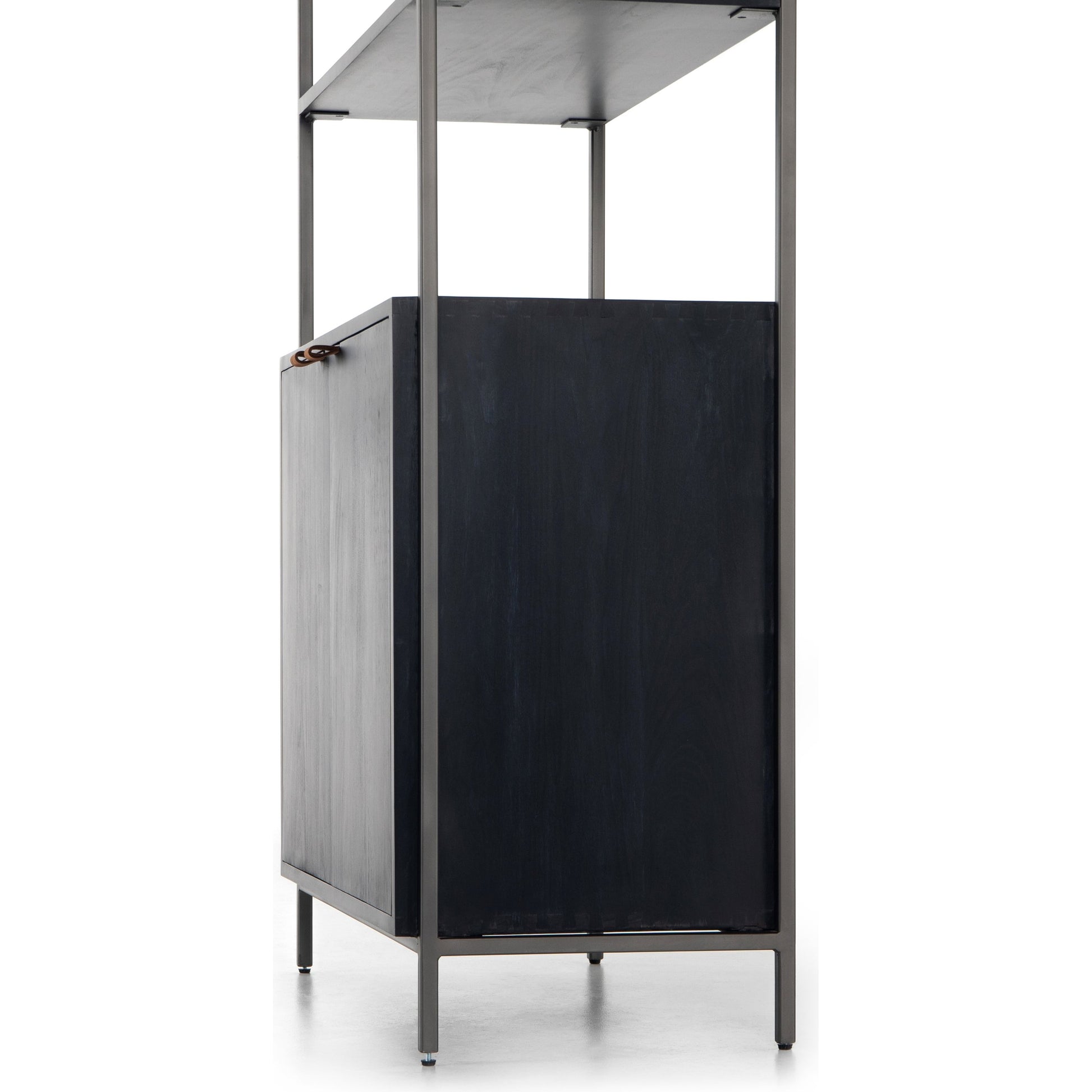 Trey Modular Wide Bookcase by Four Hands. Made from solid poplar, top grain leather, iron in a modern style.