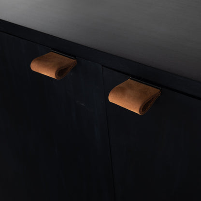 Trey Modular Wide Bookcase by Four Hands. Made from solid poplar, top grain leather, iron in a modern style.