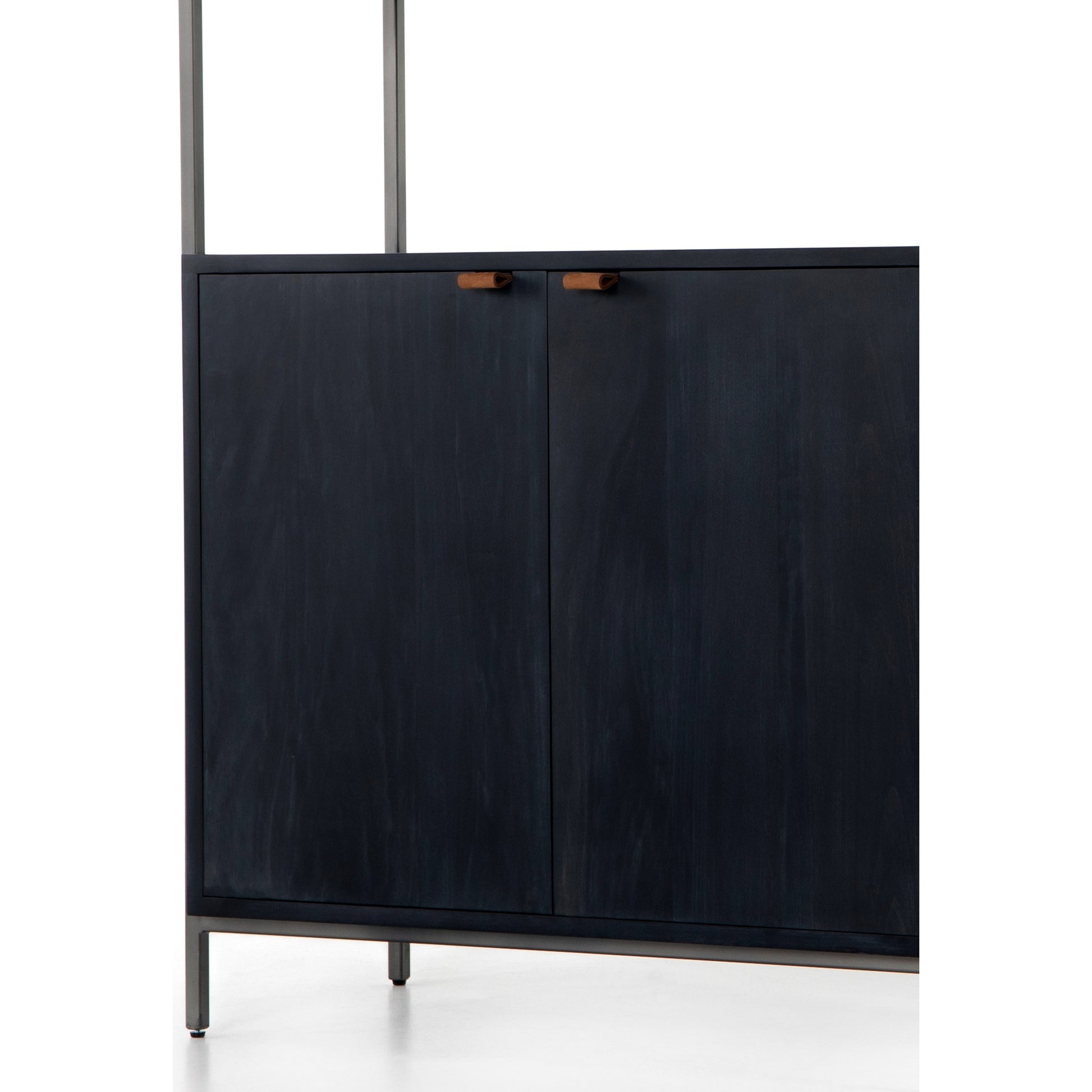 Trey Modular Wide Bookcase by Four Hands. Made from solid poplar, top grain leather, iron in a modern style.
