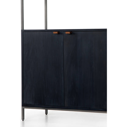 Trey Modular Wide Bookcase by Four Hands. Made from solid poplar, top grain leather, iron in a modern style.